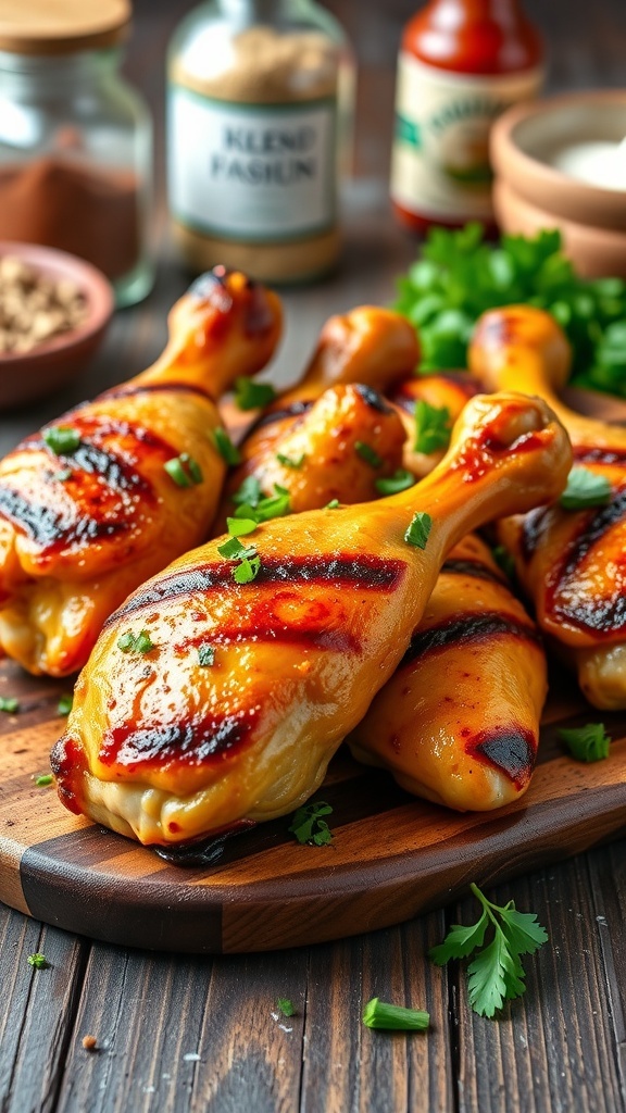 Grilled chicken drumsticks on a wooden platter garnished with herbs.